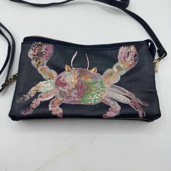 Small Crossbody Hand Painted Crab Navy Blue Adjustable Strap Zip Closure - Picture 2 of 5
